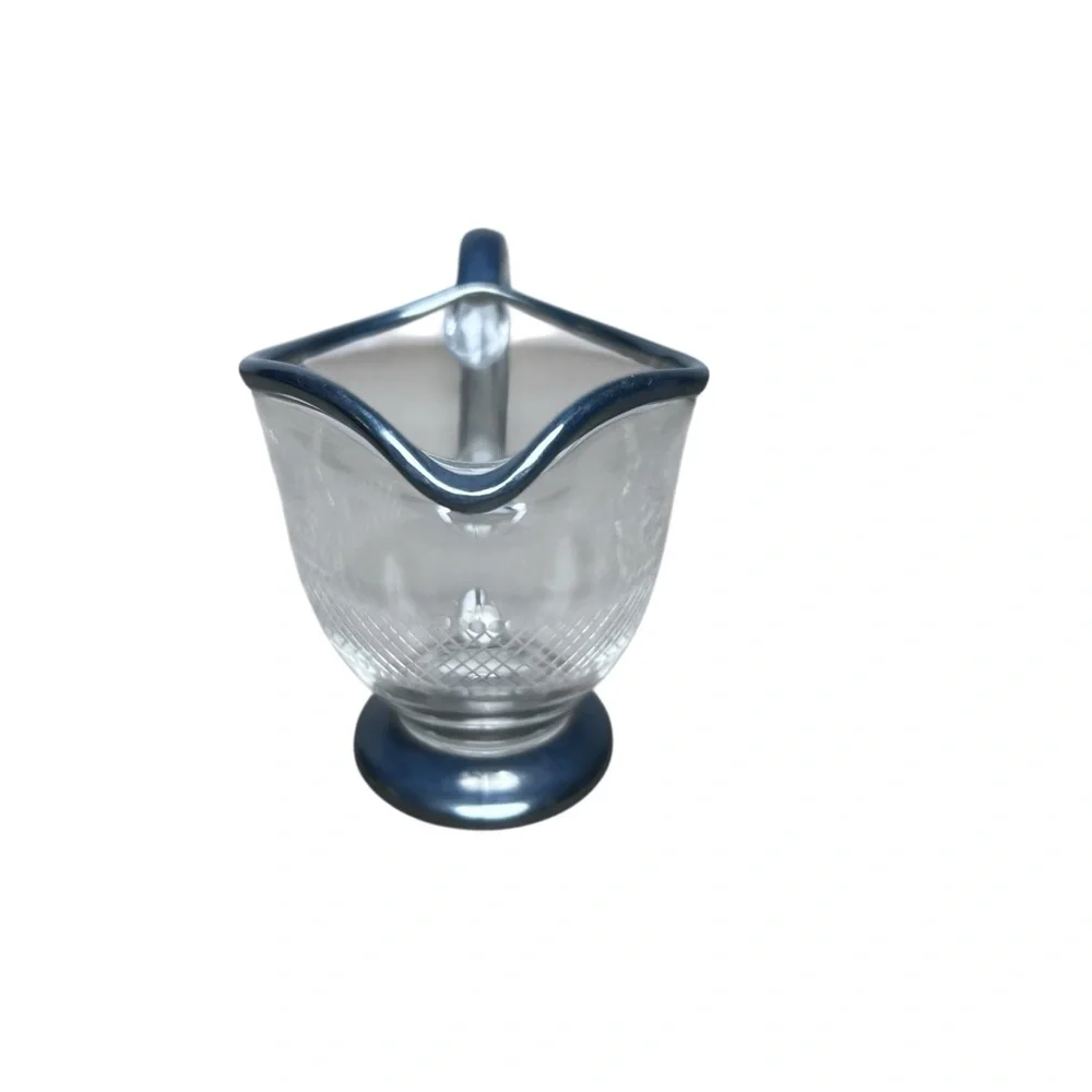 Vintage Delicate Etched Glass Creamer Floral & Lattice Pattern‎ Silver Overlay